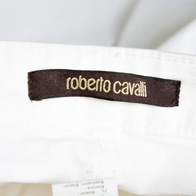 Pre Owned Roberto Cavalli White Denim Claw Detail Wide Leg Jeans L