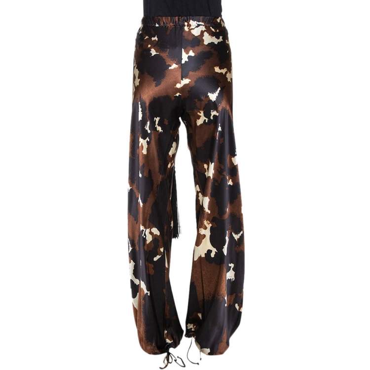 Pre Owned Roberto Cavalli Brown Printed Silk Satin Wide Leg Pants M