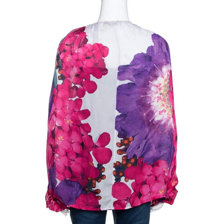 Pre Owned Roberto Cavalli Pink & Purple Floral Printed Silk Pleated Gypsy Blouse M 