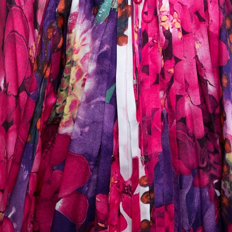 Pre Owned Roberto Cavalli Pink & Purple Floral Printed Silk Pleated Gypsy Blouse M 