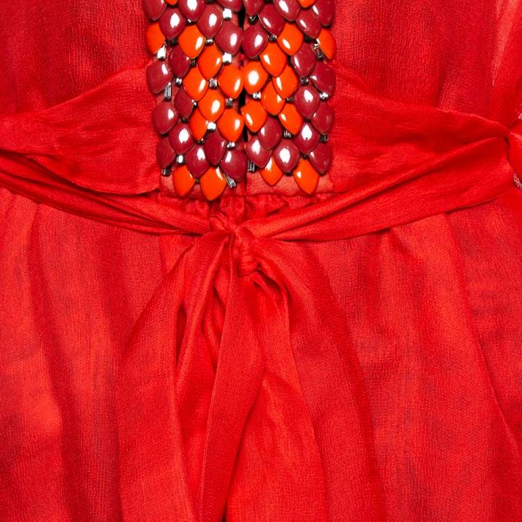 Pre Owned Roberto Cavalli Neon Orange Silk Mesh Embellished Plunge Neck Top M
