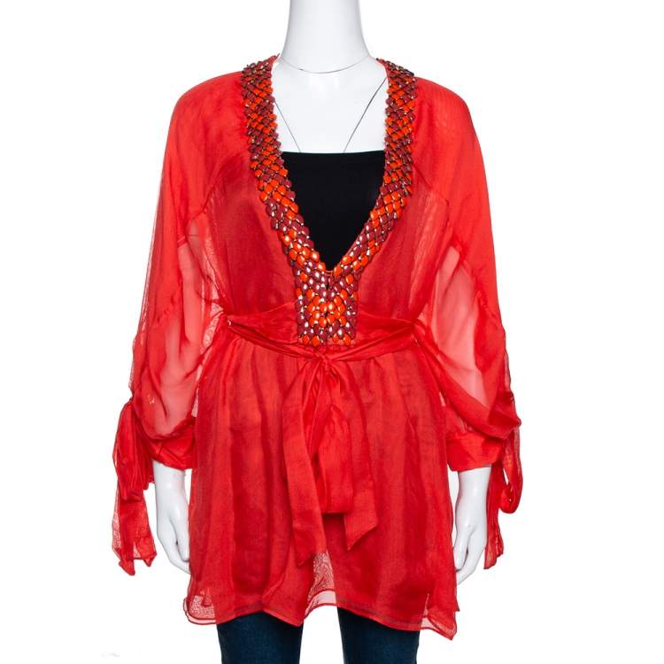 Pre Owned Roberto Cavalli Neon Orange Silk Mesh Embellished Plunge Neck Top M