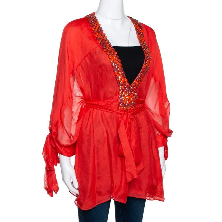 Pre Owned Roberto Cavalli Neon Orange Silk Mesh Embellished Plunge Neck Top M