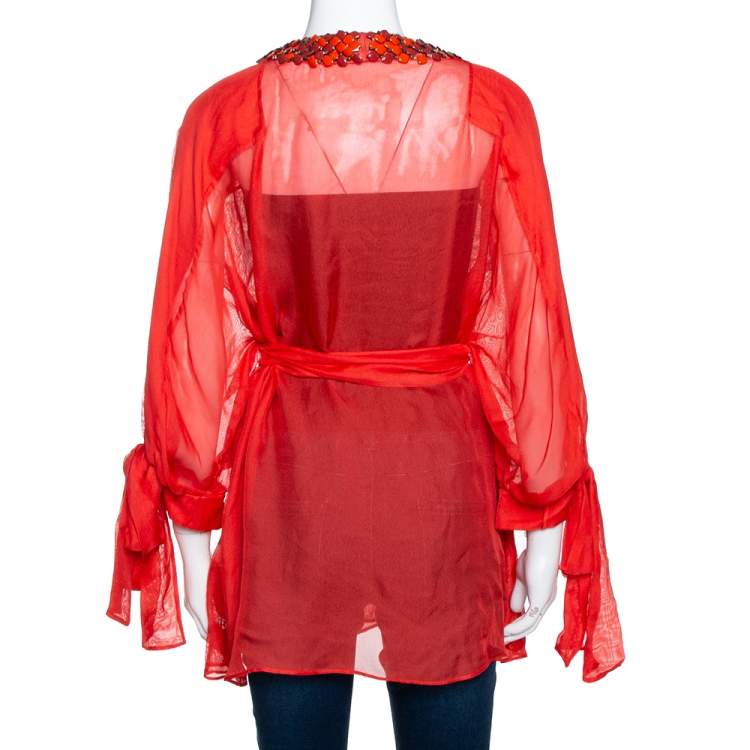 Pre Owned Roberto Cavalli Neon Orange Silk Mesh Embellished Plunge Neck Top M