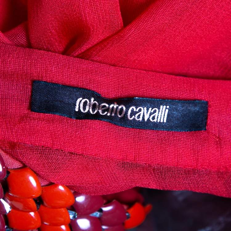 Pre Owned Roberto Cavalli Neon Orange Silk Mesh Embellished Plunge Neck Top M