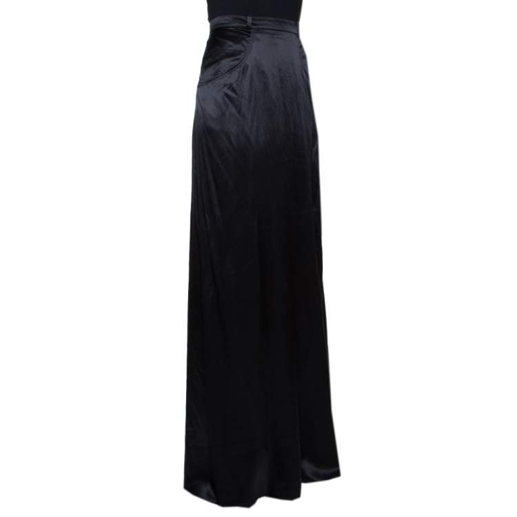 Pre Owned Roberto Cavalli Black Silk Satin Pocket Detail Flared Skirt L