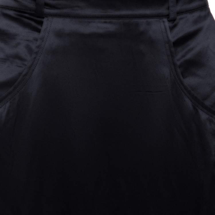 Pre Owned Roberto Cavalli Black Silk Satin Pocket Detail Flared Skirt L