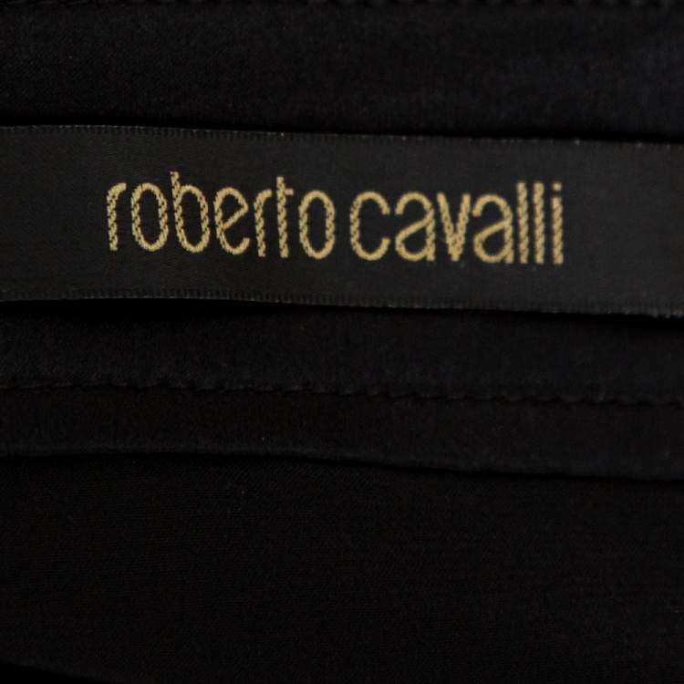 Pre Owned Roberto Cavalli Black Silk Satin Pocket Detail Flared Skirt L
