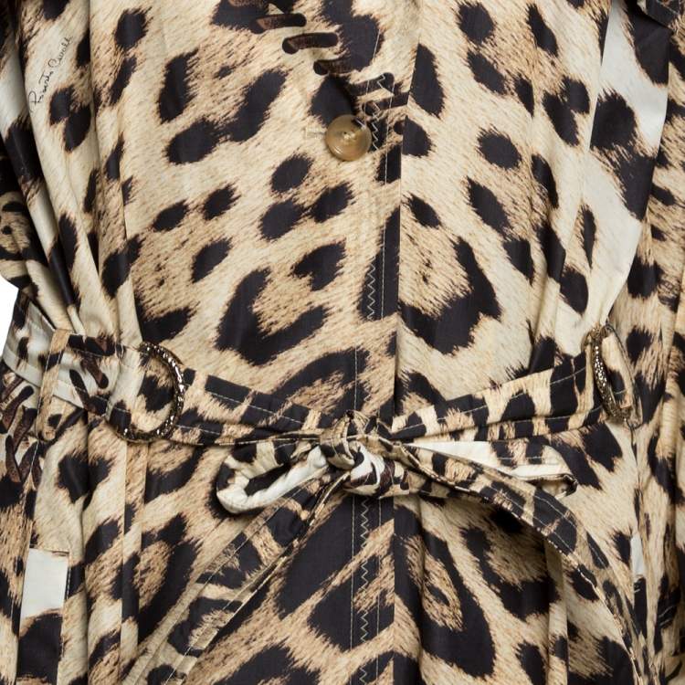 Pre Owned Roberto Cavalli Beige Leopard Printed Cotton Blend Belted Trench Coat M 