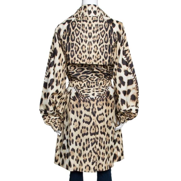 Pre Owned Roberto Cavalli Beige Leopard Printed Cotton Blend Belted Trench Coat M 
