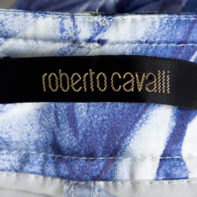 Pre Owned Roberto Cavalli White & Blue Floral Printed Stretch Silk Straight Leg Trousers L