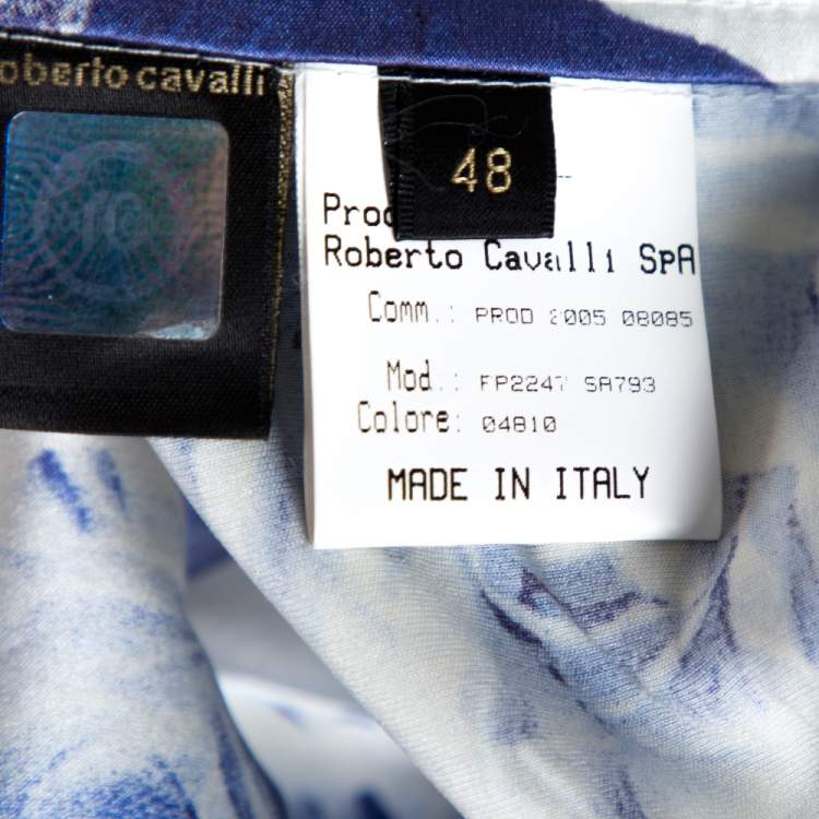 Pre Owned Roberto Cavalli White & Blue Floral Printed Stretch Silk Straight Leg Trousers L