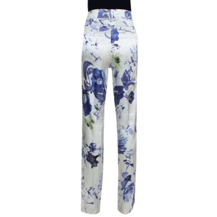 Pre Owned Roberto Cavalli White & Blue Floral Printed Stretch Silk Straight Leg Trousers L