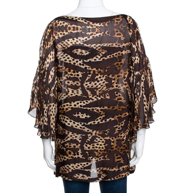 Pre Owned Roberto Cavalli Brown Animal Printed Silk Boat Neck Top M