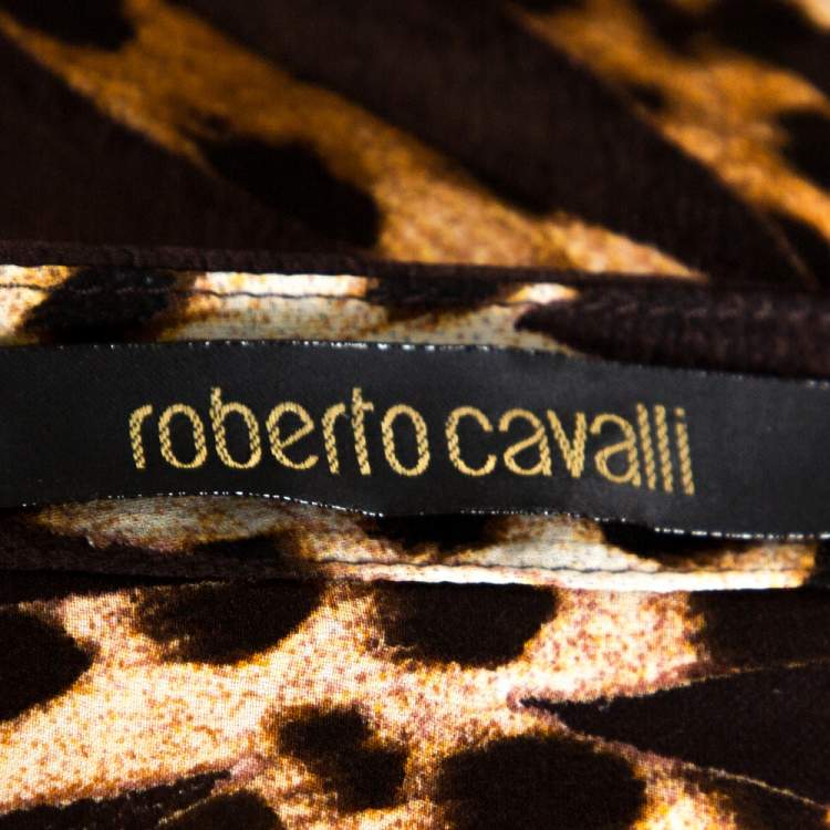 Pre Owned Roberto Cavalli Brown Animal Printed Silk Boat Neck Top M