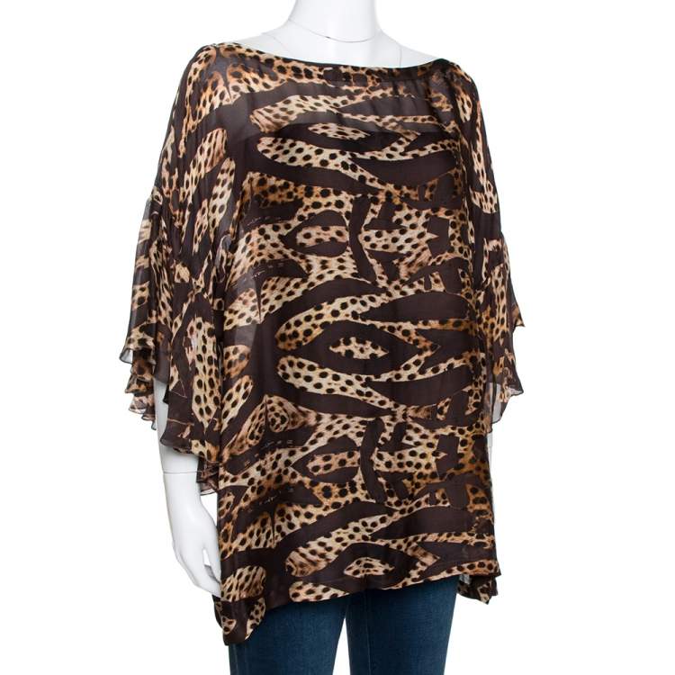 Pre Owned Roberto Cavalli Brown Animal Printed Silk Boat Neck Top M