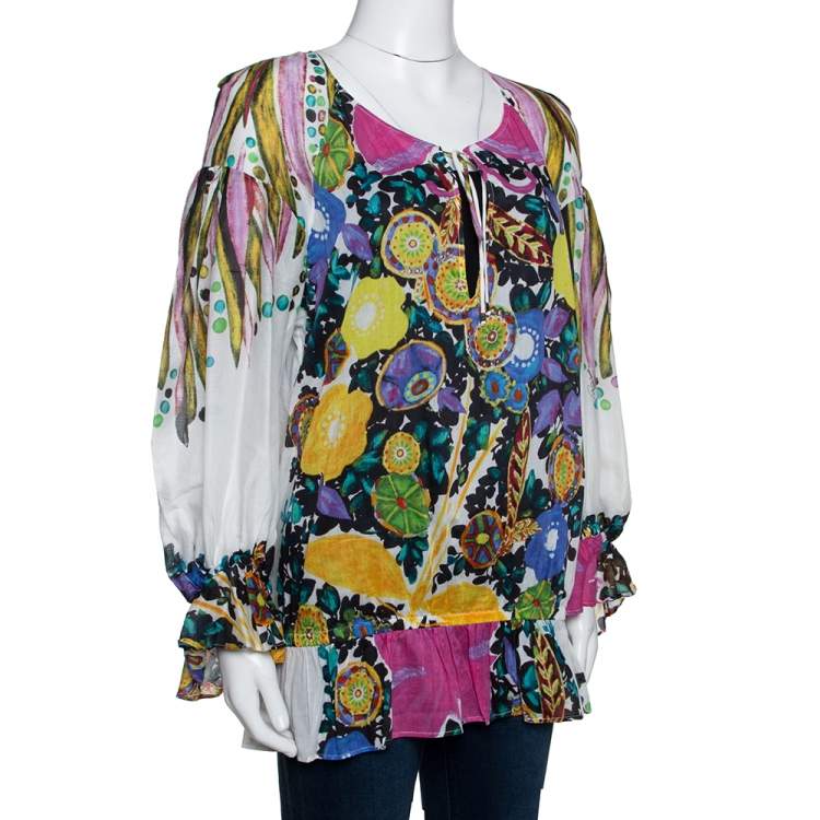 Pre Owned Roberto Cavalli Multicolor Printed Cotton Gypsy Blouse L 