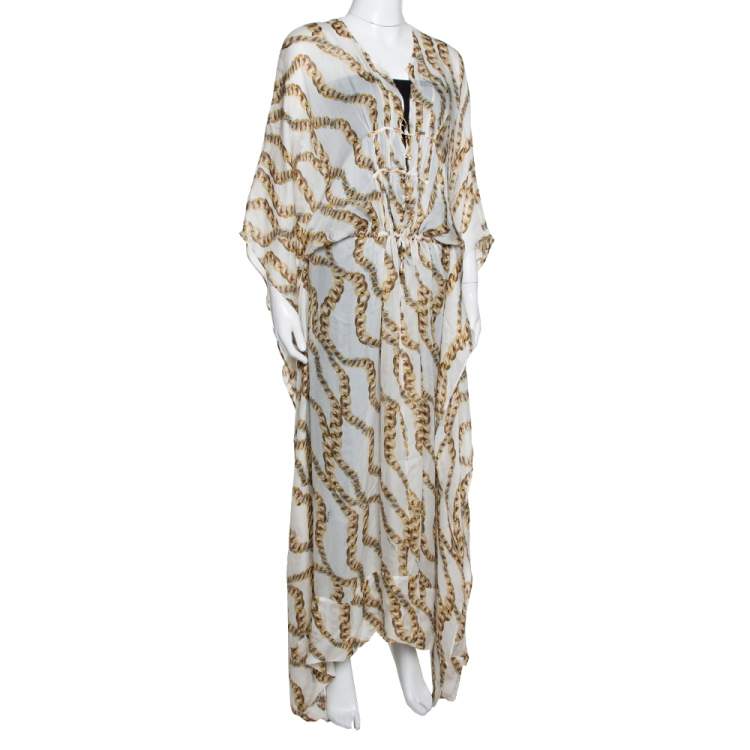 Pre Owned Roberto Cavalli Cream Jewel Printed Silk Maxi Kaftan Dress 