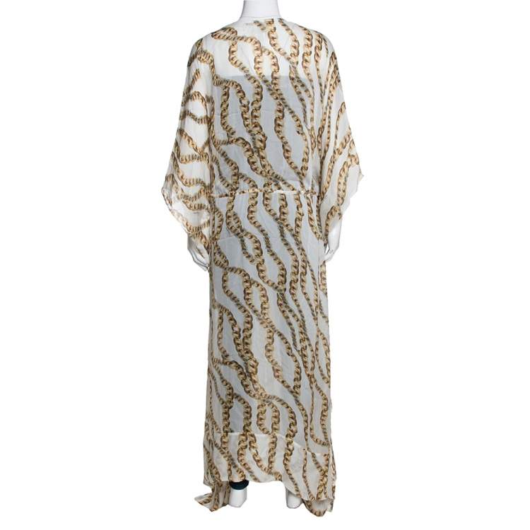 Pre Owned Roberto Cavalli Cream Jewel Printed Silk Maxi Kaftan Dress 