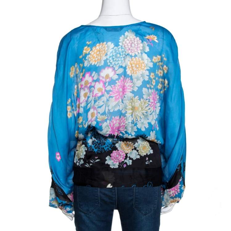 Pre Owned Roberto Cavalli Blue Floral Print Silk Sheer Kaftan Top L