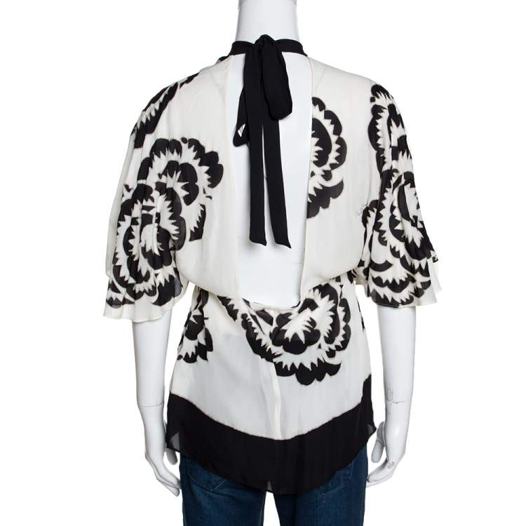 Pre Owned Roberto Cavalli Monochrome Printed Silk Open Back Blouse L