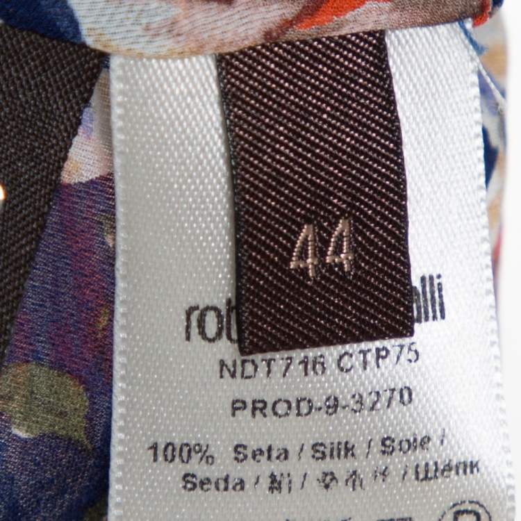 Pre Owned Roberto Cavalli Blue Floral Print Silk Ruffle Detail Blouse M
