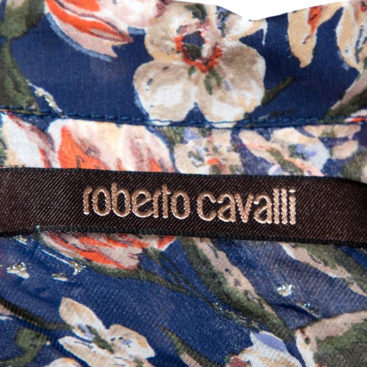 Pre Owned Roberto Cavalli Blue Floral Print Silk Ruffle Detail Blouse M