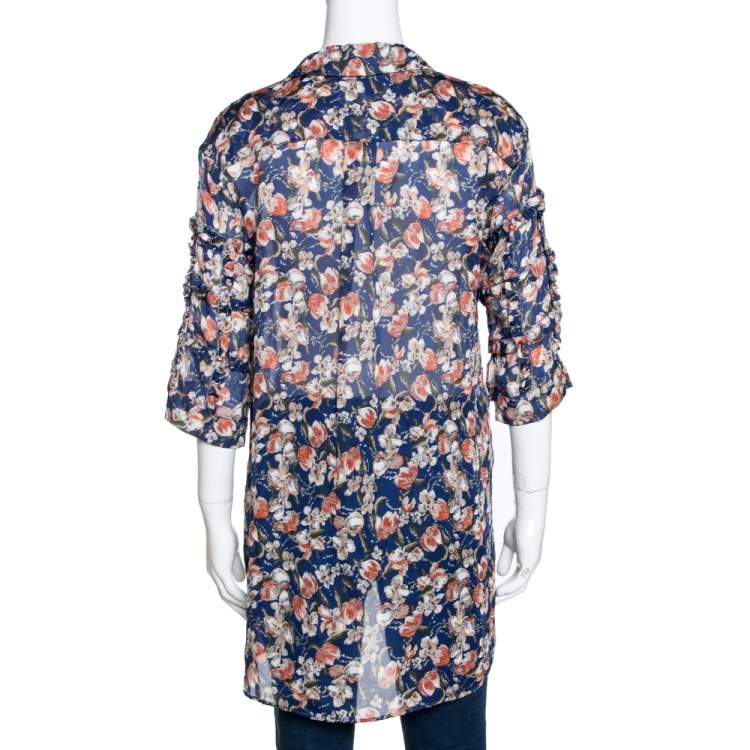Pre Owned Roberto Cavalli Blue Floral Print Silk Ruffle Detail Blouse M