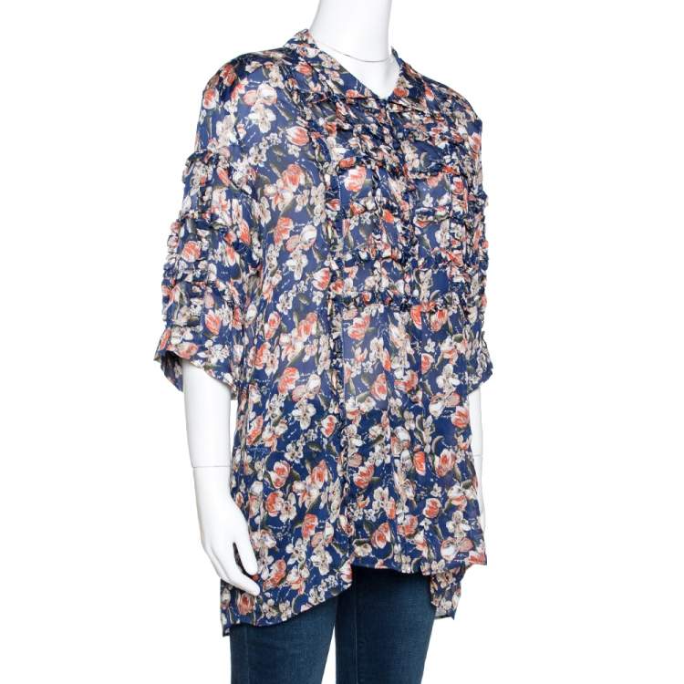 Pre Owned Roberto Cavalli Blue Floral Print Silk Ruffle Detail Blouse M