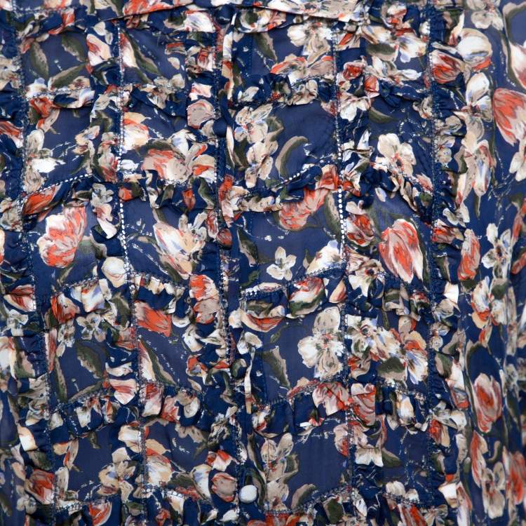Pre Owned Roberto Cavalli Blue Floral Print Silk Ruffle Detail Blouse M