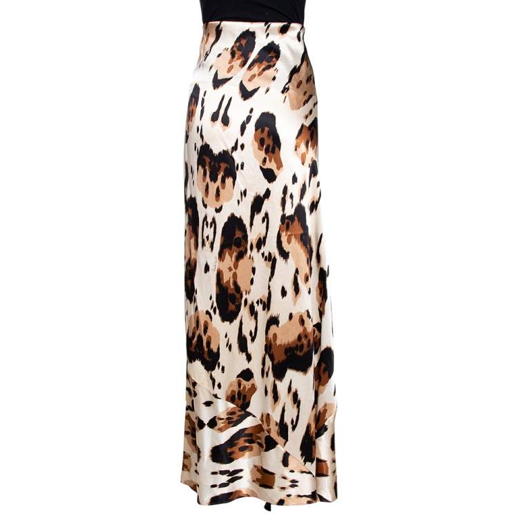Pre Owned Roberto Cavalli Beige Printed Silk Satin Flared Maxi Skirt L