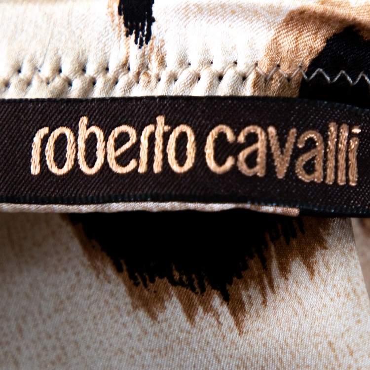 Pre Owned Roberto Cavalli Beige Printed Silk Satin Flared Maxi Skirt L