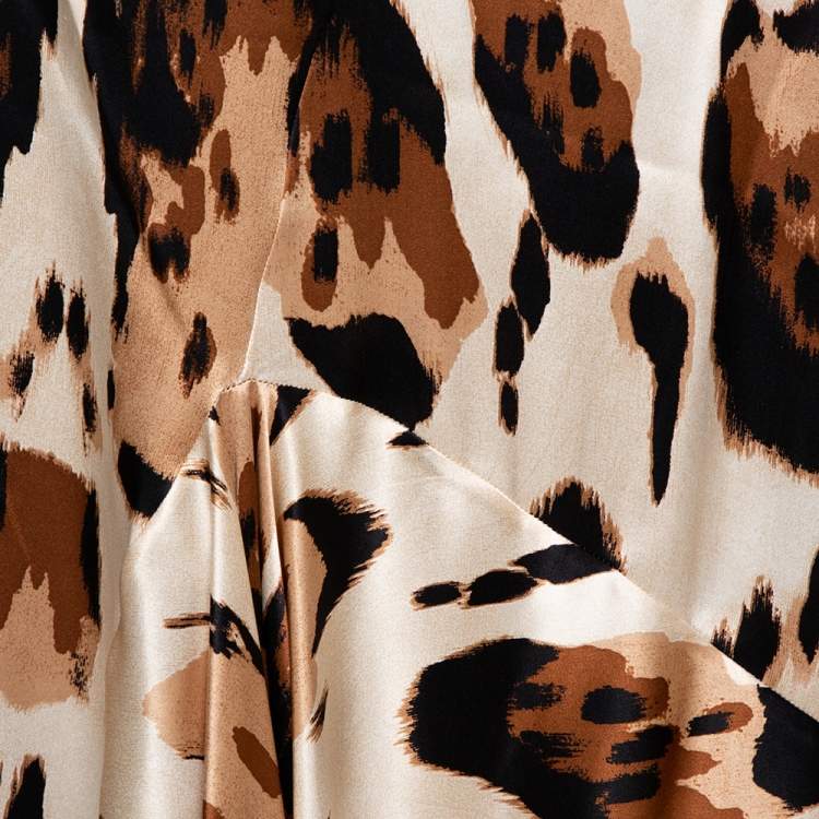 Pre Owned Roberto Cavalli Beige Printed Silk Satin Flared Maxi Skirt L