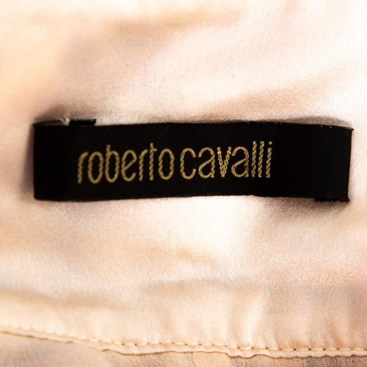 Pre Owned Roberto Cavalli Cream Animal Print Silk Pleated Faux Wrap Skirt L
