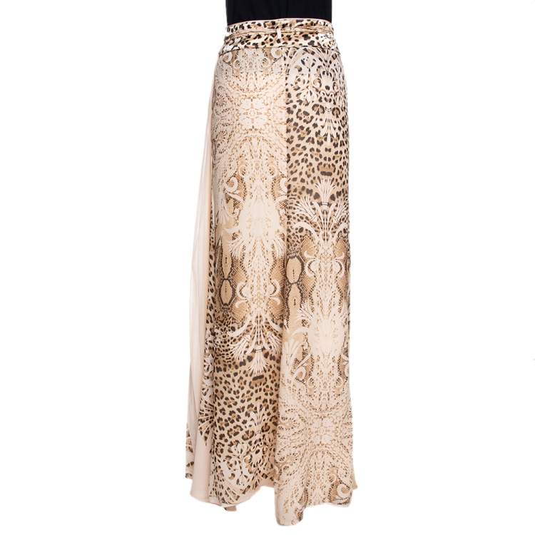 Pre Owned Roberto Cavalli Cream Animal Print Silk Pleated Faux Wrap Skirt L
