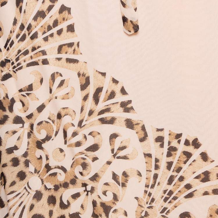 Pre Owned Roberto Cavalli Cream Animal Print Silk Pleated Faux Wrap Skirt L