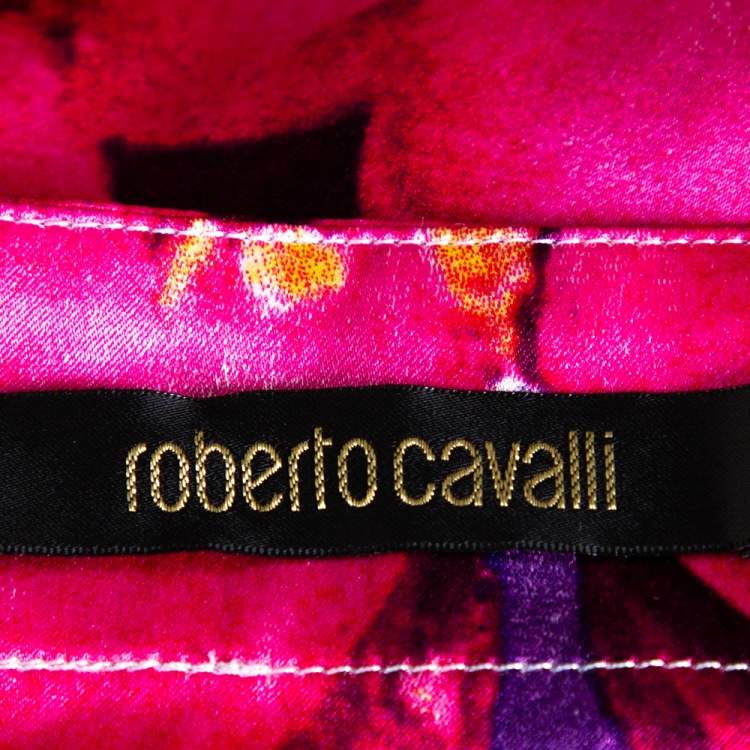 Pre Owned Roberto Cavalli Pink Floral Print Silk Satin Gathered Maxi Skirt L