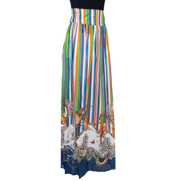 Pre Owned Roberto Cavalli Multicolor Stripe Print Cotton Side Mesh Detail Skirt M