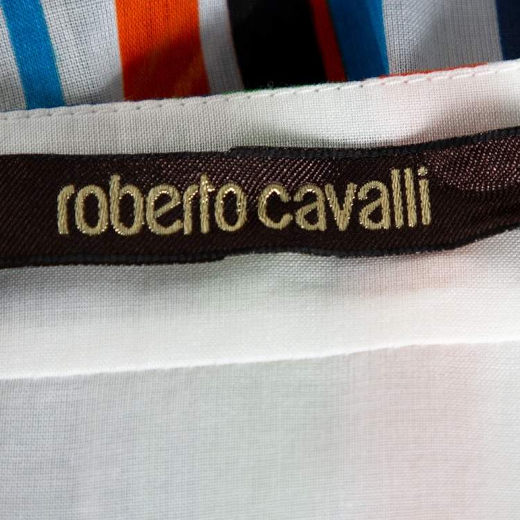 Pre Owned Roberto Cavalli Multicolor Stripe Print Cotton Side Mesh Detail Skirt M