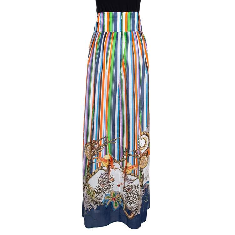 Pre Owned Roberto Cavalli Multicolor Stripe Print Cotton Side Mesh Detail Skirt M