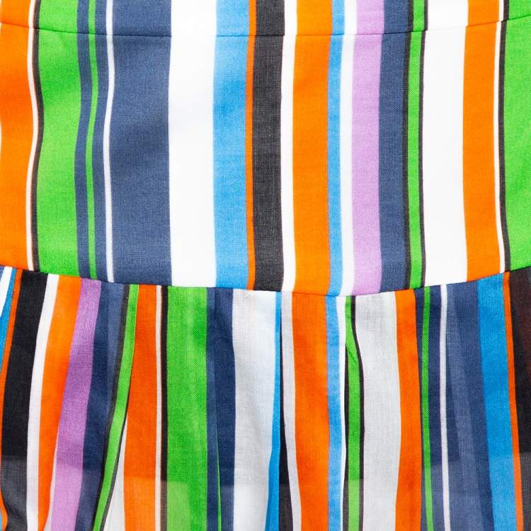Pre Owned Roberto Cavalli Multicolor Stripe Print Cotton Side Mesh Detail Skirt M