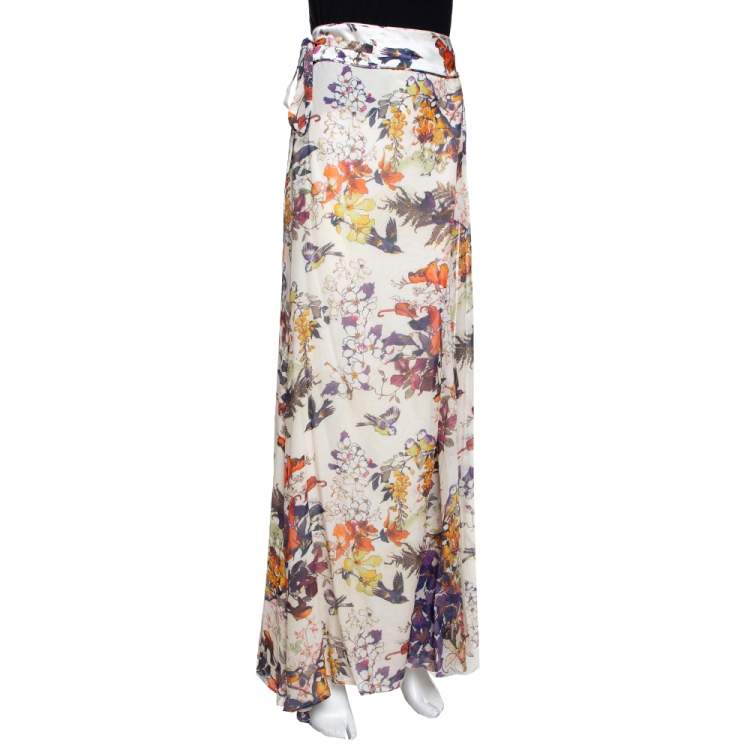 Pre Owned Roberto Cavalli Cream Floral Bird Print Silk Faux Wrap Skirt M