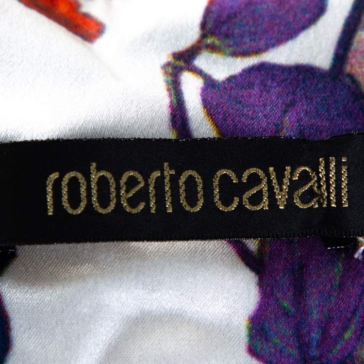 Pre Owned Roberto Cavalli Cream Floral Bird Print Silk Faux Wrap Skirt M