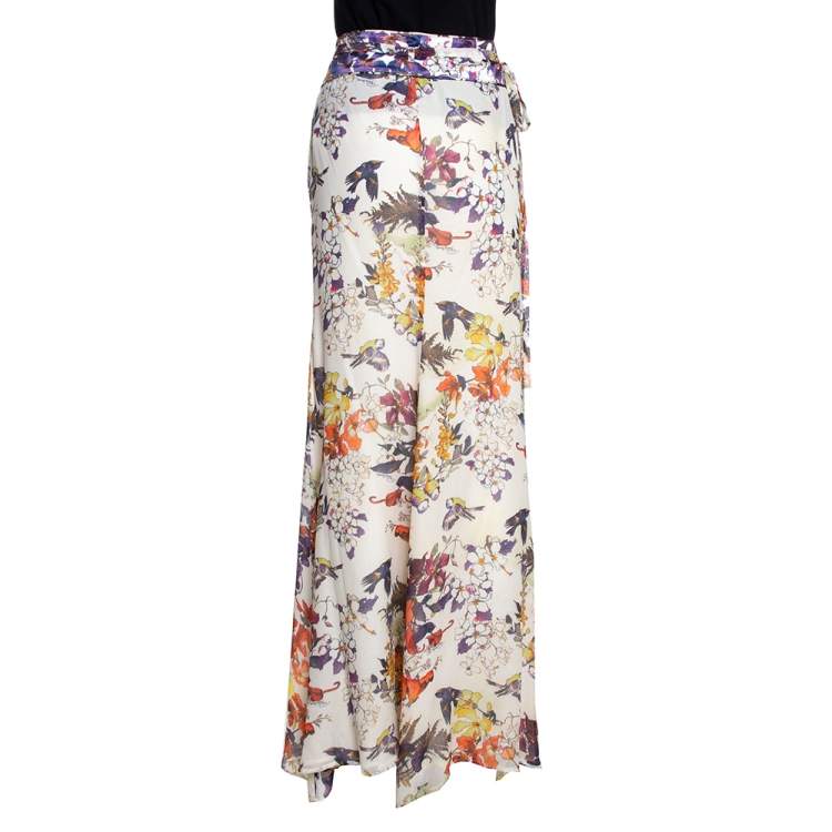 Pre Owned Roberto Cavalli Cream Floral Bird Print Silk Faux Wrap Skirt M