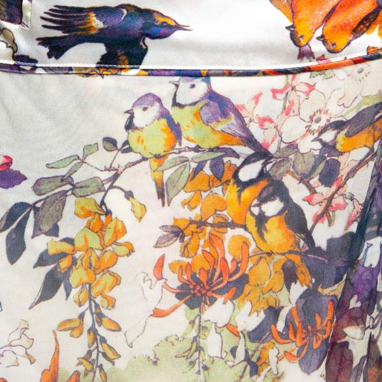 Pre Owned Roberto Cavalli Cream Floral Bird Print Silk Faux Wrap Skirt M
