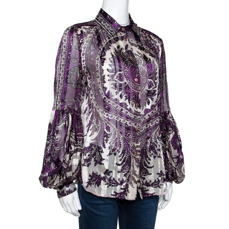 Pre Owned Roberto Cavalli Purple Shimmer Paisley Print Silk Sheer Blouse L