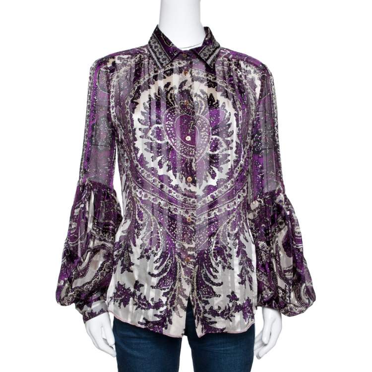 Pre Owned Roberto Cavalli Purple Shimmer Paisley Print Silk Sheer Blouse L