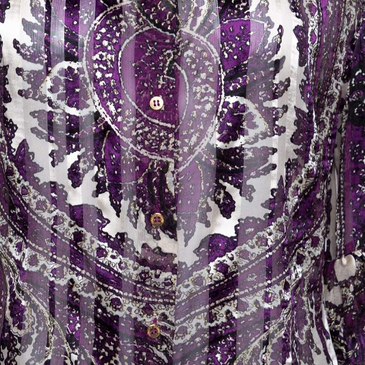 Pre Owned Roberto Cavalli Purple Shimmer Paisley Print Silk Sheer Blouse L