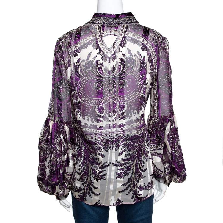 Pre Owned Roberto Cavalli Purple Shimmer Paisley Print Silk Sheer Blouse L