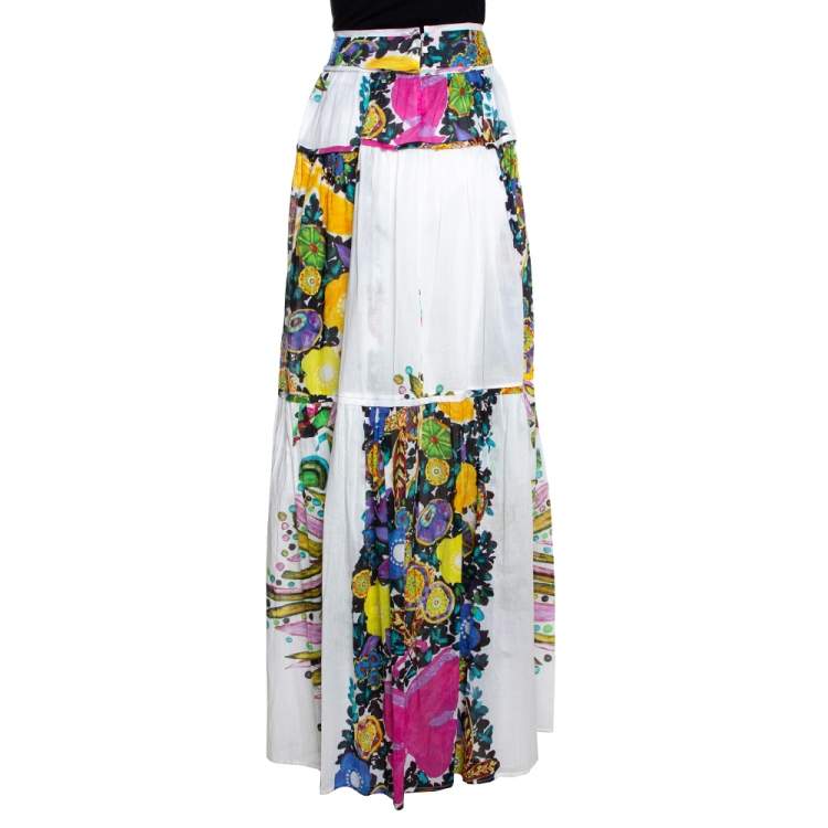 Pre Owned Roberto Cavalli White Printed Cotton Gathered Maxi Skirt M
